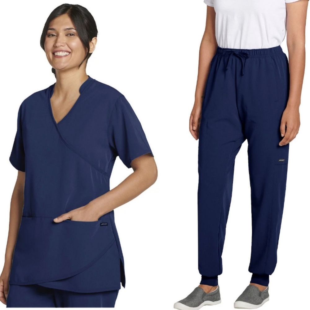 Jockey Performance Tech Scrub Set Navy Petal Wrap Top & Cargo Joggers XS‎